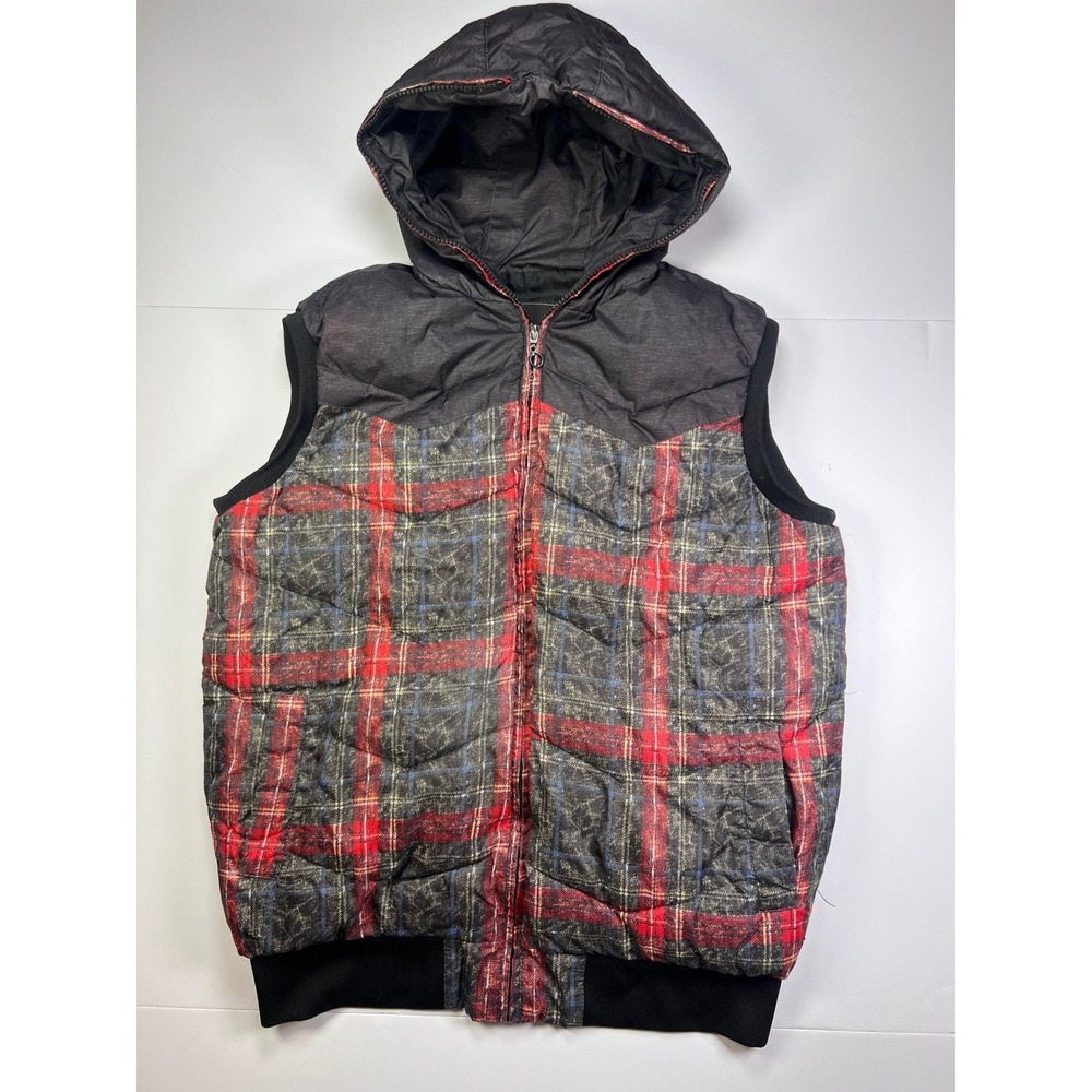 Abercrombie & Fitch Puffer Vest Men XXXXL Red Plaid Hooded Full Zip Quilted